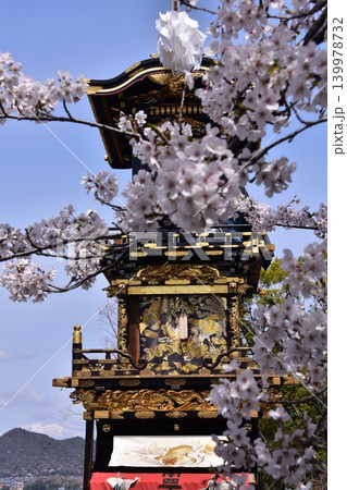 日本の愛知県の犬山市 春の犬山祭りと満開の桜 犬山城前広場に集まる車山 からくり人形の奉納前の光景 日本の愛知県の犬山市 春の犬山祭りと満開の桜 犬山城前広場に集まる車山 からくり人形の奉納前の光景 139978732