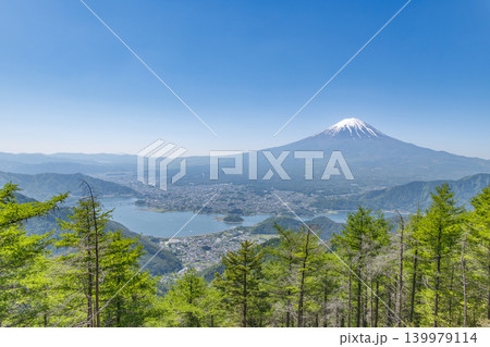 新緑の山から見下ろす河口湖と富士山 新緑の山から見下ろす河口湖と富士山 139979114