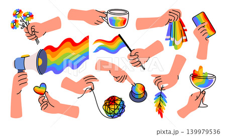 Rainbow illustrations for celebrating LGBT Pride month in June in cartoon linear style. Different positions of human hands holding various objects in hands, a glass, a mug, a flag, a flowers, a heart. 139979536