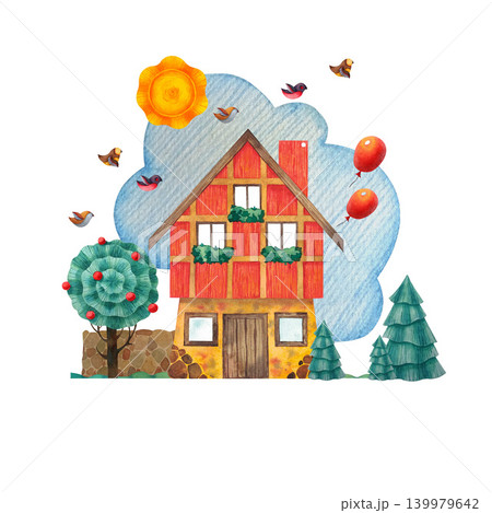 House, trees, grass, cloud, sun birds balloons fence on white background Watercolor illustration in a childish simple style. Package invitation prints for children's dishes, toys, clothes, books games House, trees, grass, cloud, sun birds balloons fence on white background Watercolor illustration in a childish simple style. Package invitation prints for children's dishes, toys, clothes, books games 139979642