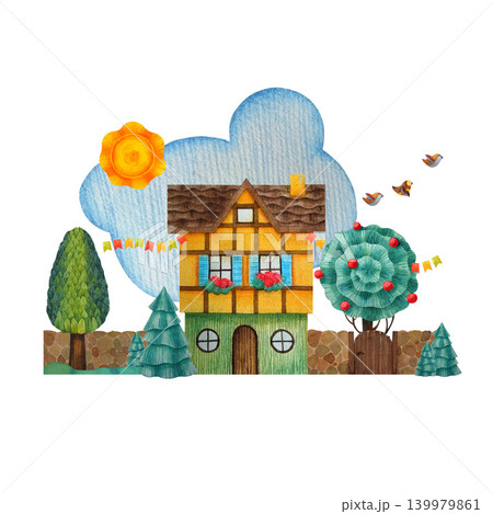 House, trees, grass, cloud, sun, birds, flags, fence on white background Watercolor illustration in a childish simple style. Package invitation prints for children's dishes, toys, clothes, books games House, trees, grass, cloud, sun, birds, flags, fence on white background Watercolor illustration in a childish simple style. Package invitation prints for children's dishes, toys, clothes, books games 139979861