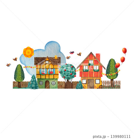 Houses trees grass cloud sun birds flags fence balloons on white background Watercolor illustration in a childish simple style Package invitation prints for children's dishes, toys clothes books games Houses trees grass cloud sun birds flags fence balloons on white background Watercolor illustration in a childish simple style Package invitation prints for children's dishes, toys clothes books games 139980111