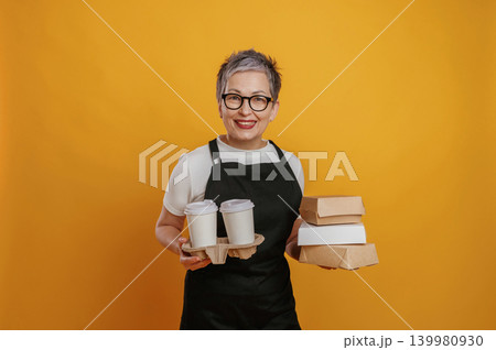 Smiling woman in black apron holding takeout containers and coffee cups against vibrant yellow background, showcasing food service and delivery concept Smiling woman in black apron holding takeout containers and coffee cups against vibrant yellow background, showcasing food service and delivery concept 139980930