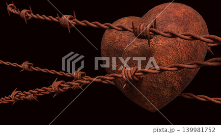Rusty Heart Behind Barbed Wire 3d render. Rusty Heart Behind Barbed Wire 3d render. 139981752