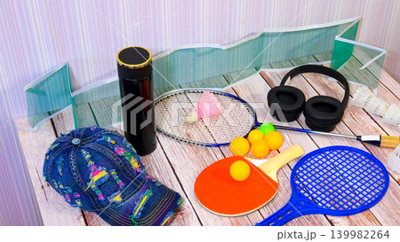 badminton and ping-pong rackets with balls on wooden table badminton and ping-pong rackets with balls on wooden table 139982264