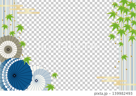 日式框架材質，飾以綠色楓葉和日式雨傘圖案（夏季） 139982493