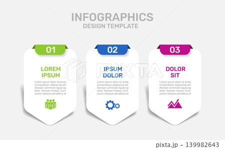 Modern business infographic template with three vertical options, ribbons, icons and placeholder text. Vector illustration. 139982643
