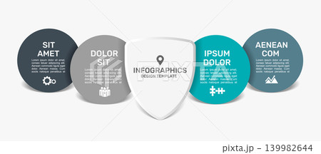 Creative business infographic design with a central shield element and four overlapping circular options. Vector illustration. 139982644