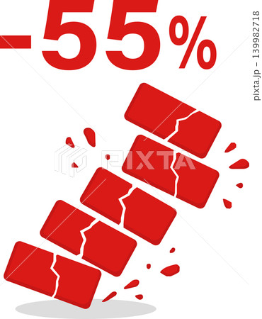 Revenue Decline Icon Showing -55 Percent Loss with Collapsing Blocks and Financial Downturn Concept Revenue Decline Icon Showing -55 Percent Loss with Collapsing Blocks and Financial Downturn Concept 139982718