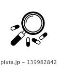 Magnifying glass searching pills medicine icon. Medical research and pharmacy search concept 139982842