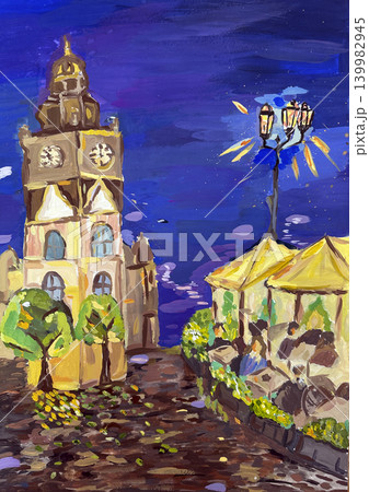 Night Krakov street cafe illustration. Outdoor restaurant dining area on sidewalk with tables and chairs under light lamps, storefront bistro and entrance. Night Krakov street cafe illustration. Outdoor restaurant dining area on sidewalk with tables and chairs under light lamps, storefront bistro and entrance. 139982945