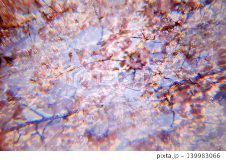 Tree branches with cherry blossoms view through kaleidoscope lens against blue sky. Nature-integrated urban living, biophilic city design, mental health city break. 139983066