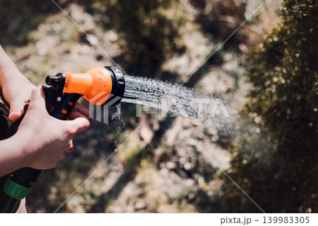 Hands hold hose nozzle while spraying water on small evergreen bushes. Eco-friendly home maintenance, water saving technology, outdoor water management. 139983305