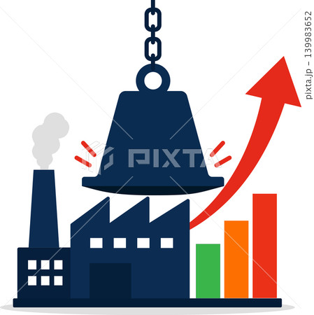 Rising production cost concept, factory with heavy weight and upward chart, manufacturing expense increase vector illustration Rising production cost concept, factory with heavy weight and upward chart, manufacturing expense increase vector illustration 139983652