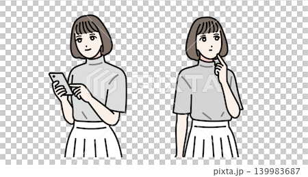 一位面帶微笑的年輕女子站著,手裡拿著一支智慧型手機。 一位面帶微笑的年輕女子站著,手裡拿著一支智慧型手機。 139983687