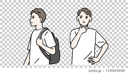 一個年輕男子背著背包,站在那裡沉思。 一個年輕男子背著背包,站在那裡沉思。 139983690