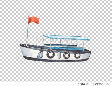 A tour boat made in watercolor. A small vessel with a red flag on an isolated background. For summer travel banners, seaside icons, children's books, and marine mockups. 139984090