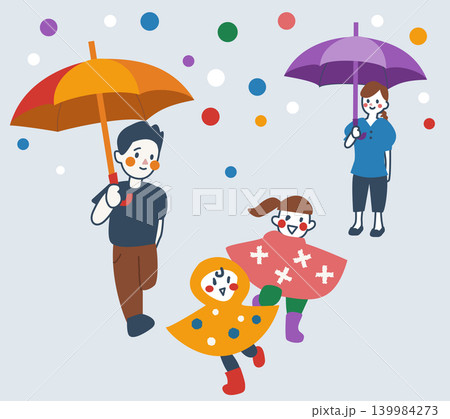 カラフルな雨粒の中、笑顔の親子のイラスト 梅雨・ 背景あり 139984273