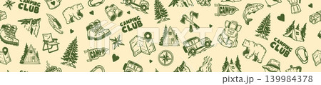 Doodle camping seamless pattern, hand drawn vector summer hiking background, vintage forest print. Doodle camping seamless pattern, hand drawn vector summer hiking background, vintage forest print. 139984378