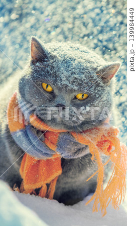 A blue British shorthair cat sits in deep snow during a winter blizzard. The cat is wearing a knitted scarf A blue British shorthair cat sits in deep snow during a winter blizzard. The cat is wearing a knitted scarf 139984449