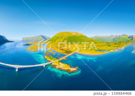 Aerial view of a bridge over a fjord in the Lofoten Islands, Norway. 139984466