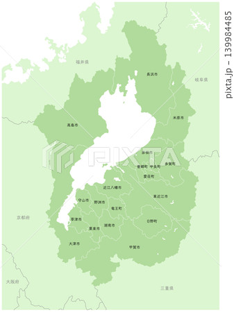 「滋賀県」詳細な地図シリーズ。(隣県、市町村の区分と名前あり) 「滋賀県」詳細な地図シリーズ。(隣県、市町村の区分と名前あり) 139984485