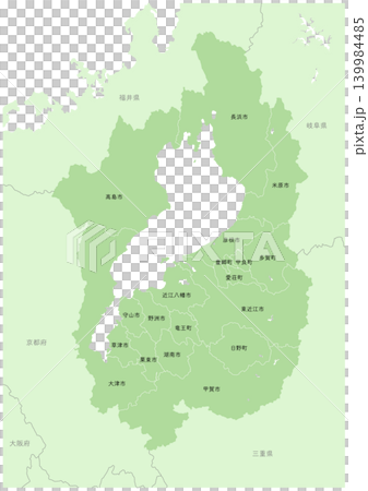 「滋賀県」詳細な地図シリーズ。(隣県、市町村の区分と名前あり) 「滋賀県」詳細な地図シリーズ。(隣県、市町村の区分と名前あり) 139984485