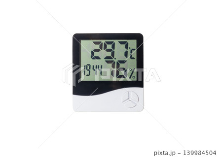 Digital thermometer and hygrometer for indoor temperature and humidity measurement. Electronic Device. Isolated. High quality photo Digital thermometer and hygrometer for indoor temperature and humidity measurement. Electronic Device. Isolated. High quality photo 139984504