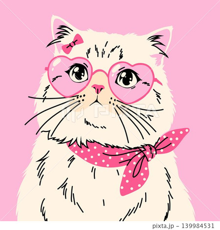 Cute cartoon illustration of a fluffy white cat wearing pink heart-shaped glasses Cute cartoon illustration of a fluffy white cat wearing pink heart-shaped glasses 139984531