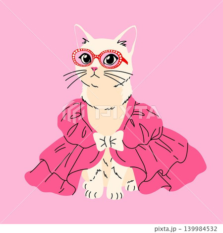 Cute Fancy Cat in Pink Cape Illustration Cute Fancy Cat in Pink Cape Illustration 139984532