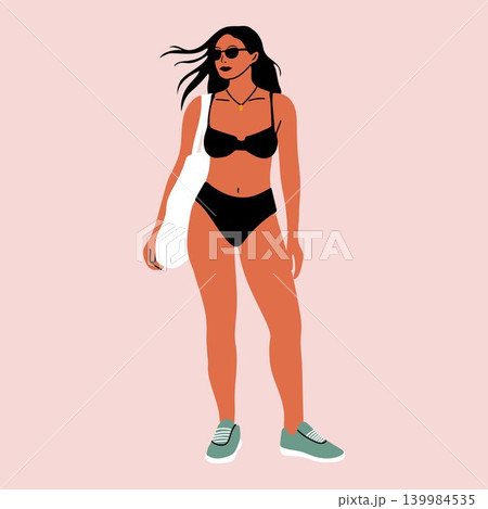 Summer Woman in Black Bikini Illustration Summer Woman in Black Bikini Illustration 139984535