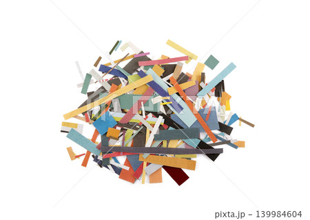 Scraps of colorful paper from magazines and newspapers isolated on white background Scraps of colorful paper from magazines and newspapers isolated on white background 139984604