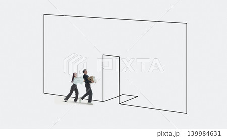 Colleagues carrying moving boxes through abstract line office doorway. Colleagues carrying moving boxes through abstract line office doorway. 139984631