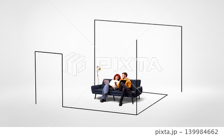 Young couple talking on sofa inside minimal abstract black line room. Young couple talking on sofa inside minimal abstract black line room. 139984662