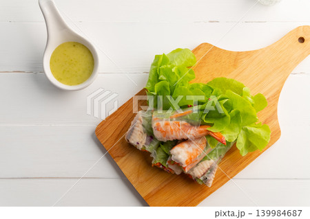 Vegetable Salad Rolls with shrimp and mackerel fish 139984687