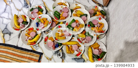 Various snacks on plates 139984933