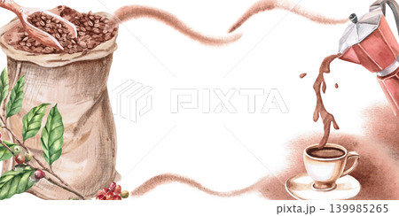 A rectangular frame featuring a sack of coffee beans and a coffee maker pouring coffee. An isolated watercolor illustration, suitable for interior design in restaurants, greeting cards, and packaging. A rectangular frame featuring a sack of coffee beans and a coffee maker pouring coffee. An isolated watercolor illustration, suitable for interior design in restaurants, greeting cards, and packaging. 139985265