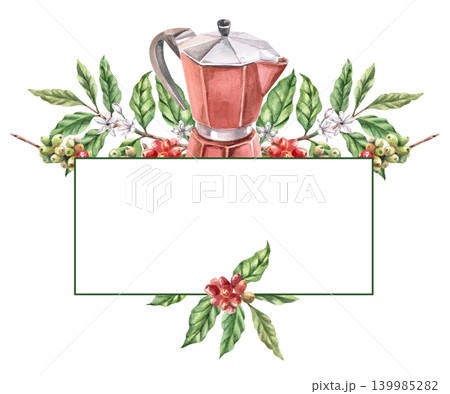 A rectangular text frame featuring a coffee maker and a coffee tree branch. An isolated watercolor illustration suitable for menu design, cafes, greeting cards, invitations, and packaging. A rectangular text frame featuring a coffee maker and a coffee tree branch. An isolated watercolor illustration suitable for menu design, cafes, greeting cards, invitations, and packaging. 139985282