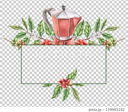A rectangular text frame featuring a coffee maker and a coffee tree branch. An isolated watercolor illustration suitable for menu design, cafes, greeting cards, invitations, and packaging. A rectangular text frame featuring a coffee maker and a coffee tree branch. An isolated watercolor illustration suitable for menu design, cafes, greeting cards, invitations, and packaging. 139985282