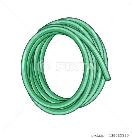 Green garden hose coiled for gardening and watering 139985539