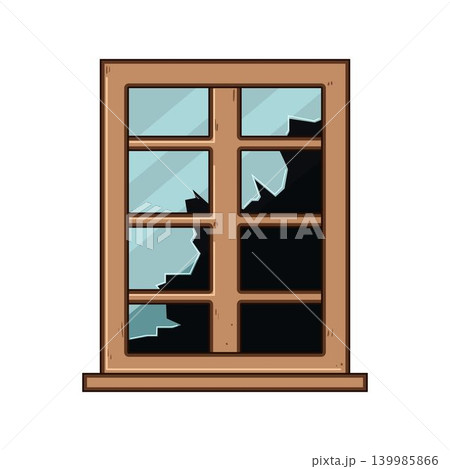 Broken wooden window frame with shattered glass Broken wooden window frame with shattered glass 139985866