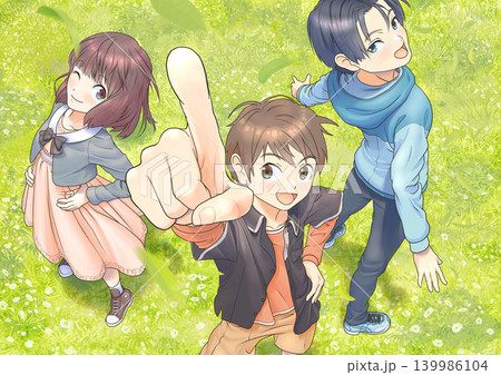 指差しポーズで「一緒に頑張ろう」と言ってそうな元気な小学生達 139986104