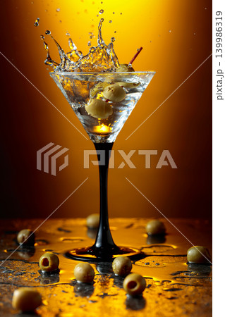 Green olives and glass of martini on a black stone table. 139986319