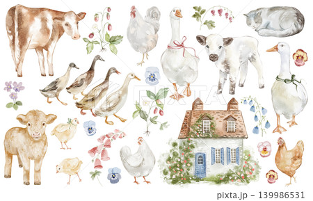 Farm Icon Set Watercolor Hand Painted 139986531