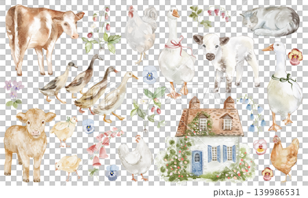 Farm Icon Set Watercolor Hand Painted 139986531