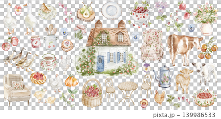 Farm Icon Set Watercolor Hand Painted Farm Icon Set Watercolor Hand Painted 139986533