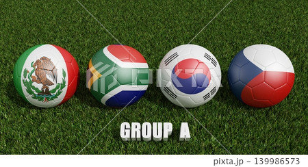 soccer balls in flags colors on soccer field . 3d rendering of group A soccer balls in flags colors on soccer field . 3d rendering of group A 139986573