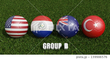 soccer balls in flags colors on soccer field .  3d rendering of group D 139986576