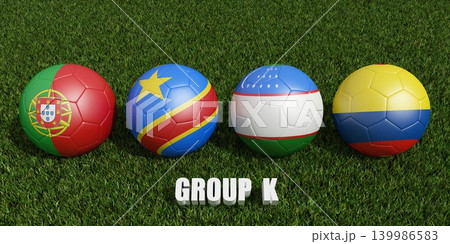 soccer balls in flags colors on soccer field . 3d rendering of group K soccer balls in flags colors on soccer field . 3d rendering of group K 139986583
