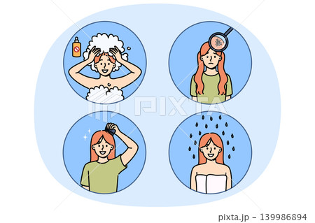 Girl with lice in hair uses medicated shampoo while showering to get rid of parasites Girl with lice in hair uses medicated shampoo while showering to get rid of parasites 139986894